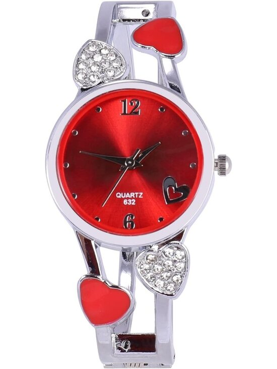 Accessories - Women's Red Quartz with Rhinestone Round Dial Stainless Steel Band Cuff Watch
